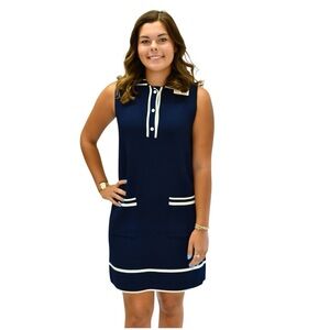 Entro Navy Blue Nautical Polo Shift Dress White Stripe Pockets‎ Preppy NWT Large